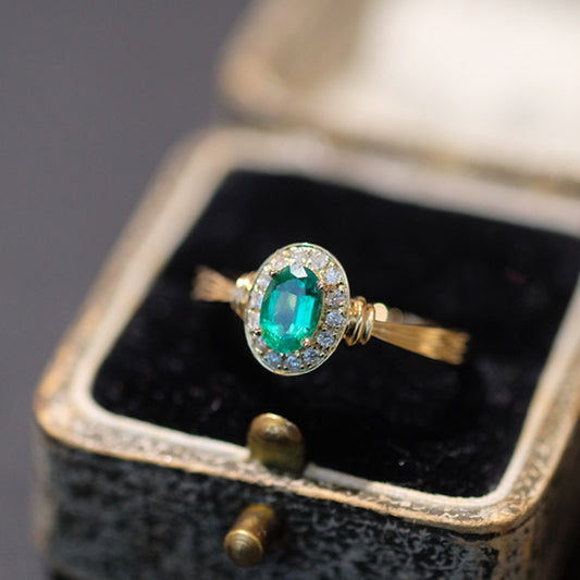 14K Gold Emerald Engagement Ring, Art Deco Natural Emerald Wedding Ring, Halo Engagement Ring Diamond Vintage engagement ring Green Emerald