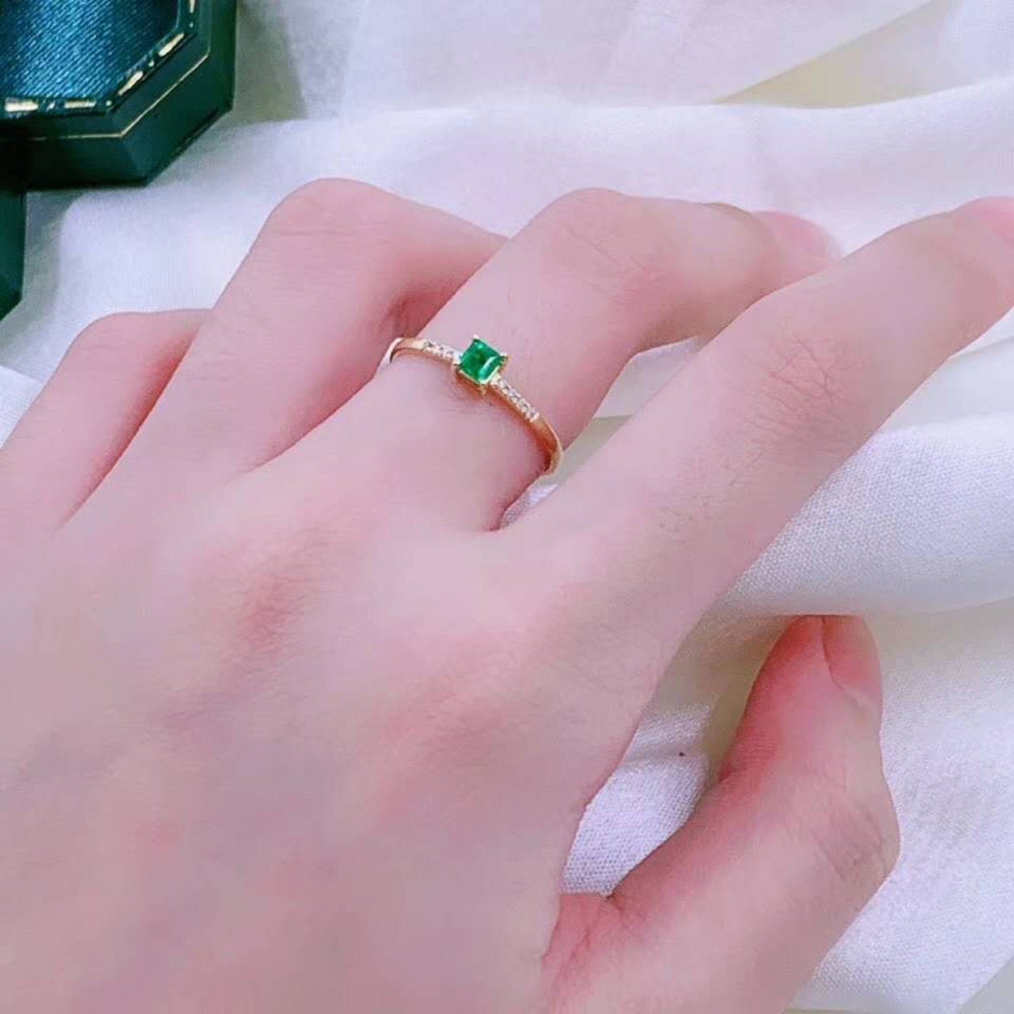 Yellow Gold Natural Emerald Engagement Ring Minimalist Wedding Ring, Dainty Diamond engagement ring Green Emerald Promise Ring Princess Cut