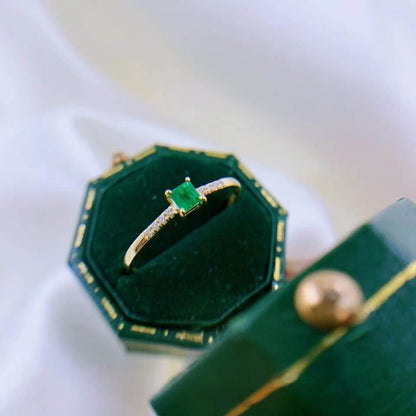 Yellow Gold Natural Emerald Engagement Ring Minimalist Wedding Ring, Dainty Diamond engagement ring Green Emerald Promise Ring Princess Cut