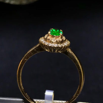 Halo Emerald Engagement Ring. Natural Emerald Gold Wedding Ring, Antique Emerald Statement Ring, Vintage Emerald Diamond Promise Ring