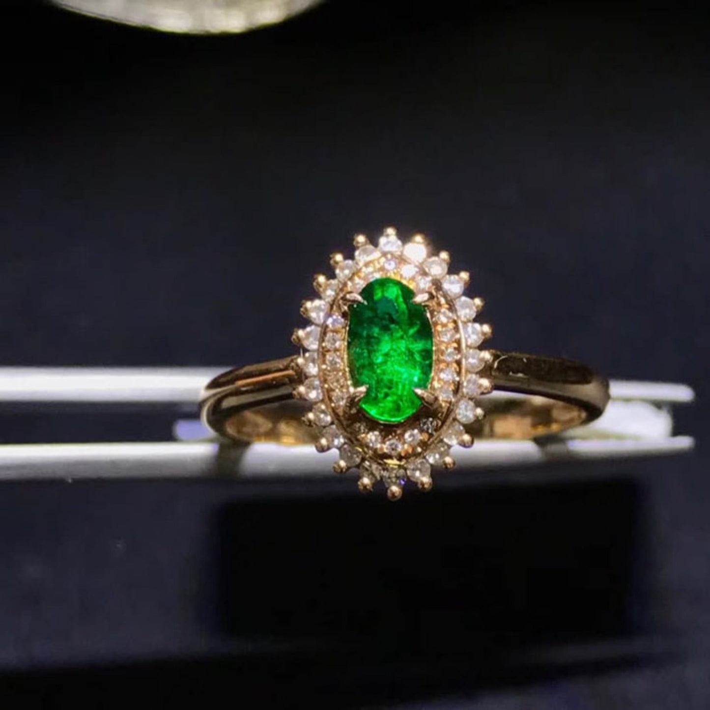 Halo Emerald Engagement Ring. Natural Emerald Gold Wedding Ring, Antique Emerald Statement Ring, Vintage Emerald Diamond Promise Ring