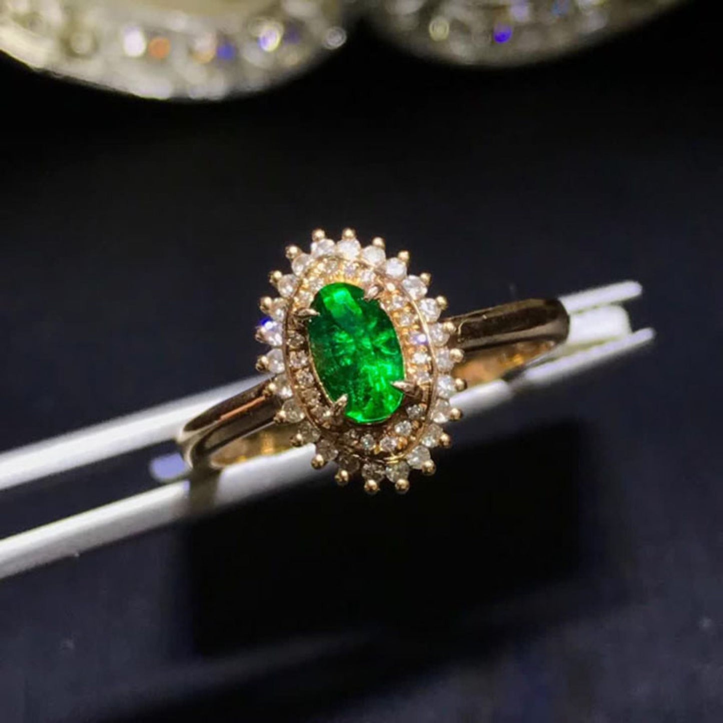 Halo Emerald Engagement Ring. Natural Emerald Gold Wedding Ring, Antique Emerald Statement Ring, Vintage Emerald Diamond Promise Ring