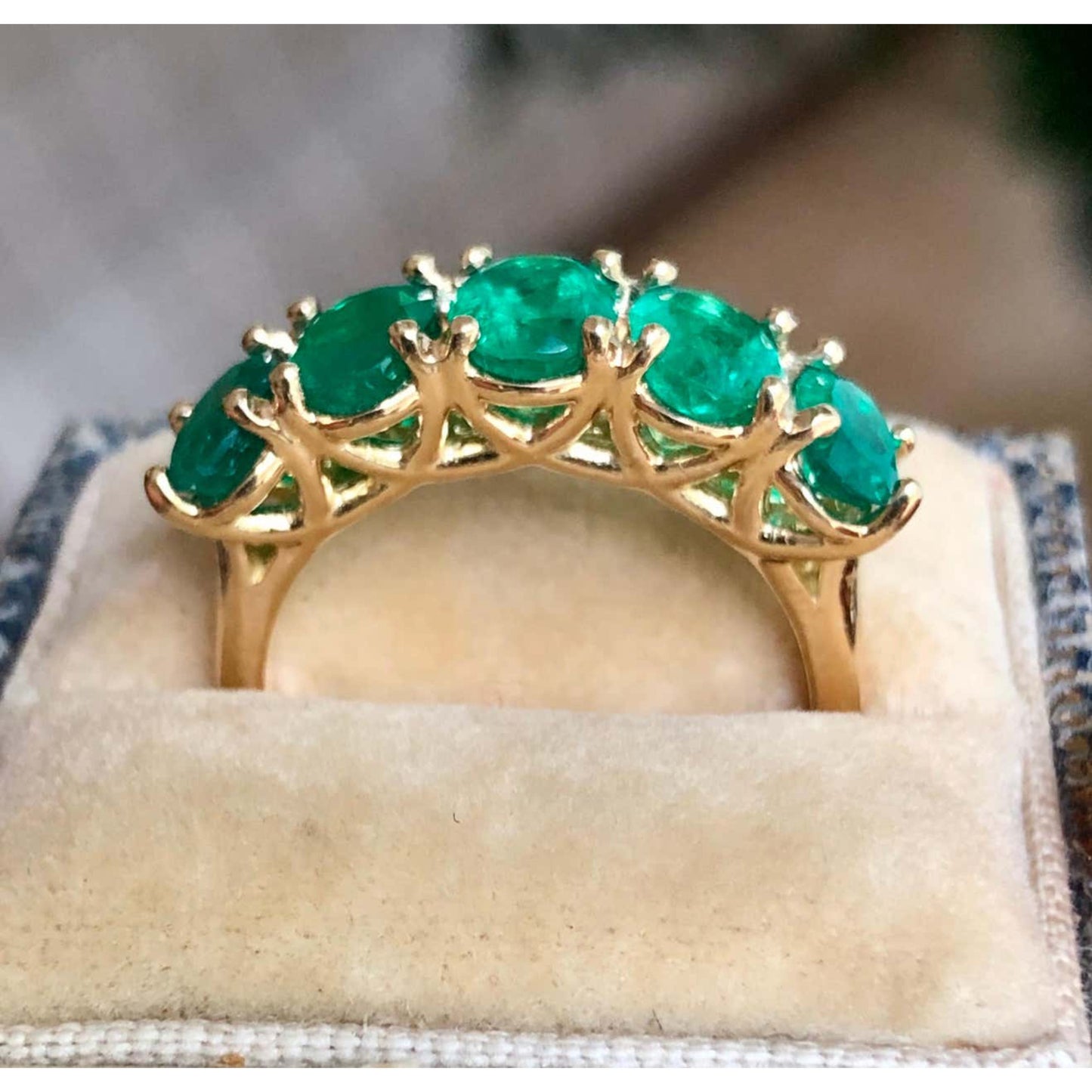 5 Stone Natural Emerald Wedding Band Engagement Ring, Unique Bridal Vintage Emerald Wedding Ring For Her, Antique Promise Ring Gift For Her