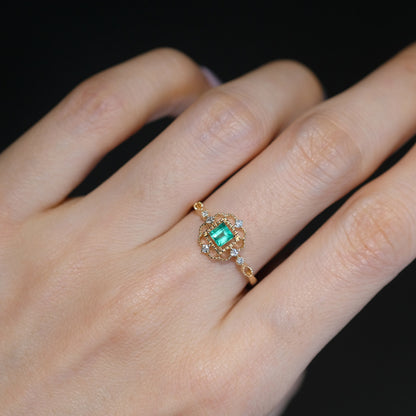 Antique Emerald Statement Ring, Vintage Emerald Wedding Ring, Art Deco Emerald Diamond Engagement Ring, Natural Emerald Diamond Promise Ring