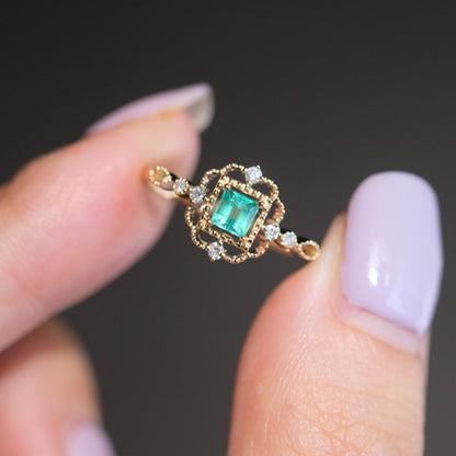 Antique Emerald Statement Ring, Vintage Emerald Wedding Ring, Art Deco Emerald Diamond Engagement Ring, Natural Emerald Diamond Promise Ring