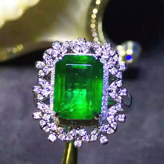 14K White Gold Vintage Emerald Engagement Ring for Women, Unique Natural Emerald Diamond Wedding Ring for her, Antique Bridal Promise Ring