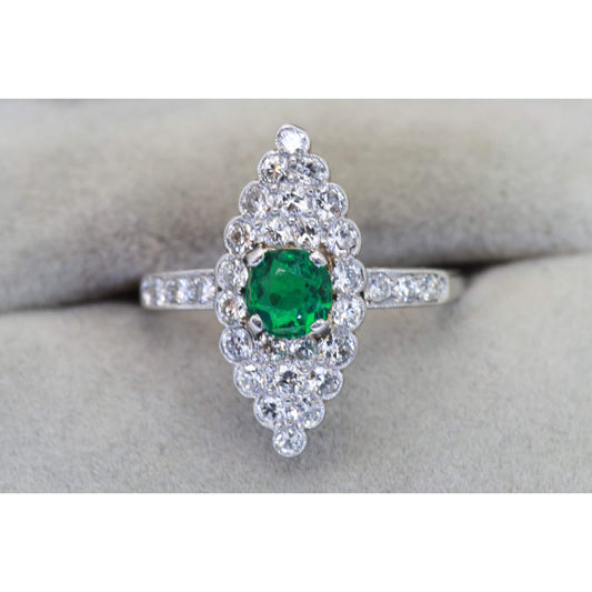 Antique Emerald Statement Ring, Halo Emerald Diamond Wedding Ring, Natural Emerald Engagement Ring, Art Deco Emerald Diamond Promise Ring