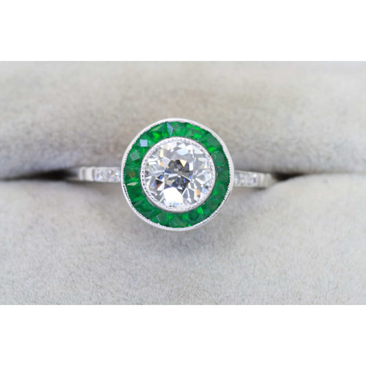 Art Deco Emerald Engagement Ring, Natural Emerald Wedding Ring, Antique Halo Diamond Engagement Ring, Vintage Emerald Diamond Promise Ring