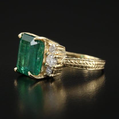 18K Gold Natural Emerald Engagement Ring, Emerald Diamond Wedding Ring, Emerald Diamond Promise Ring for her, Antique Certified Emerald Ring