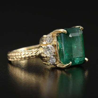 18K Gold Natural Emerald Engagement Ring, Emerald Diamond Wedding Ring, Emerald Diamond Promise Ring for her, Antique Certified Emerald Ring