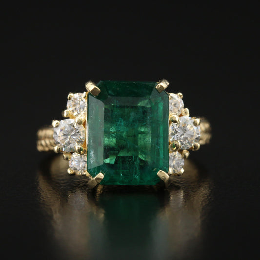 18K Gold Natural Emerald Engagement Ring, Emerald Diamond Wedding Ring, Emerald Diamond Promise Ring for her, Antique Certified Emerald Ring