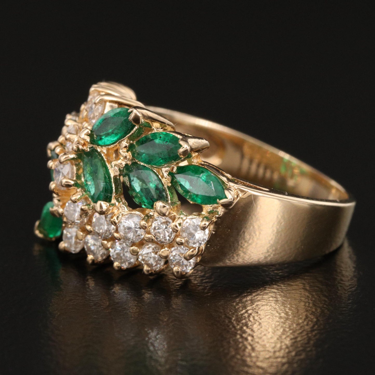 Floral Marquise Cut Natural Emerald Diamond Wedding Band, Art Deco Emerald Diamond Engagement Ring 14K Gold Emerald Diamond Anniversary Ring