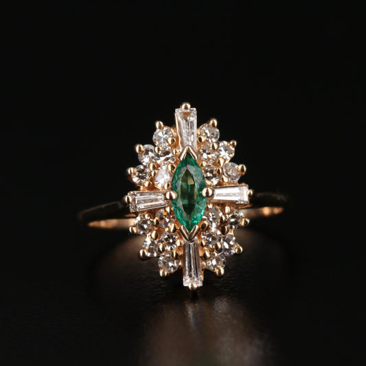 Anillo de compromiso con esmeralda natural de talla marquesa, anillo de esmeralda, anillo de bodas con esmeralda, anillo de compromiso con diamantes y esmeralda en oro de 14 quilates, esmeralda verde