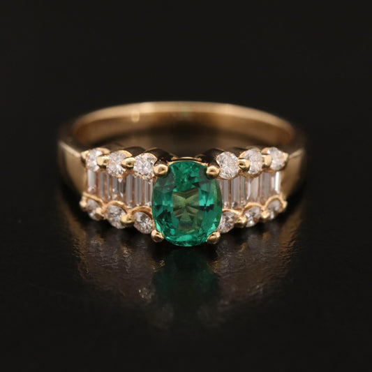 14K Gold Natural Emerald Diamond Engagement Wedding Ring, Art Deco Emerald Diamond Anniversary Statement Ring, Vintage Emerald Promise Ring