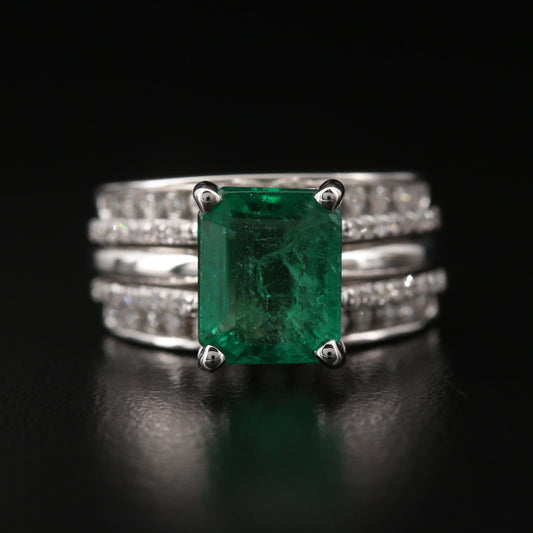 Large Natural Emerald Diamond Engagement Ring, Vintage Emerald Cut Emerald Wedding Ring, Emerald Diamond Anniversary Ring, Statement Ring