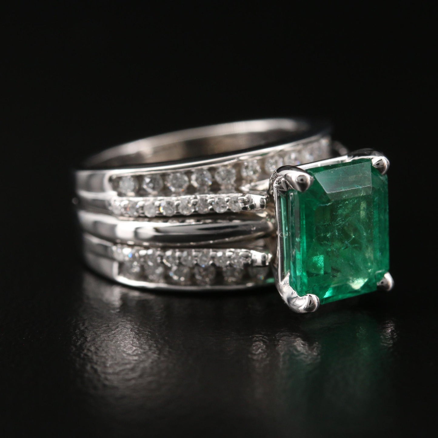 Large Natural Emerald Diamond Engagement Ring, Vintage Emerald Cut Emerald Wedding Ring, Emerald Diamond Anniversary Ring, Statement Ring