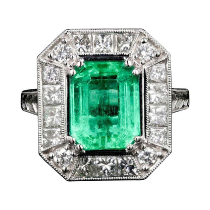 Halo Emerald Diamond Engagement Ring, Art Deco Emerald Moissanite Engagement Ring, Natural Emerald Wedding Ring, Unique Vintage Promise Ring