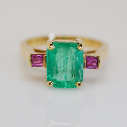 18K Gold Antique Green Emerald Engagement Ring, Emerald Wedding Ring, 18K Gold Emerald Ring, Natural Emerald Promise Ring, Anniversary Gift