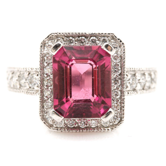 Natural Emerald Cut Pink Tourmaline Engagement Ring, Vintage Tourmaline Diamond Wedding Ring, 18K Unique Tourmaline Moissanite Promise Ring