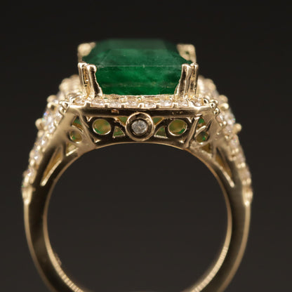 Antique Natural Emerald and Diamond Engagement Ring, Vintage Art Deco Emerald Engagement Ring, Halo Emerald Statement Ring, Promise Ring