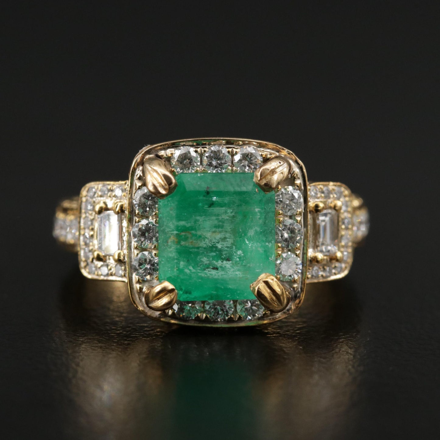 Art Deco Natural Emerald Moissanite Bridal Wedding Ring Set, Unique Columbian Emerald Diamond Engagement Ring Set, Emerald Statement Ring