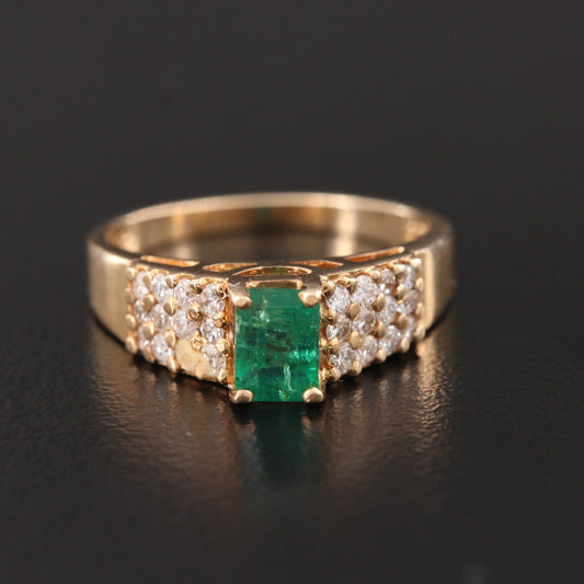 Emerald Gold Ring, Emerald Engagement Ring, Natural Emerald Wedding Band, Emerald Diamond Promise Ring, Art Deco Vintage Emerald Ring