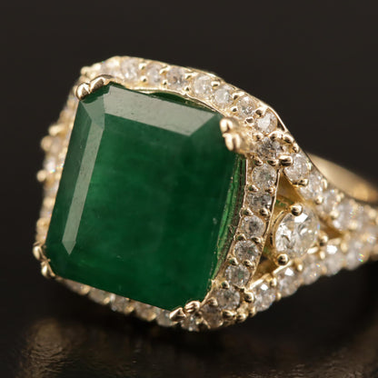 Antique Natural Emerald and Diamond Engagement Ring, Vintage Art Deco Emerald Engagement Ring, Halo Emerald Statement Ring, Promise Ring