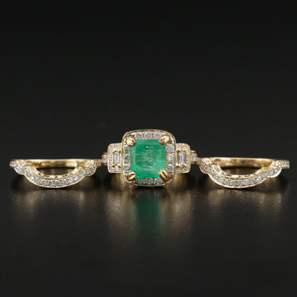 Art Deco Natural Emerald Moissanite Bridal Wedding Ring Set, Unique Columbian Emerald Diamond Engagement Ring Set, Emerald Statement Ring