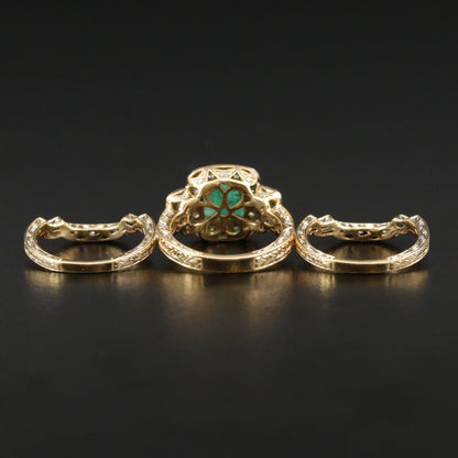 Art Deco Natural Emerald Moissanite Bridal Wedding Ring Set, Unique Columbian Emerald Diamond Engagement Ring Set, Emerald Statement Ring