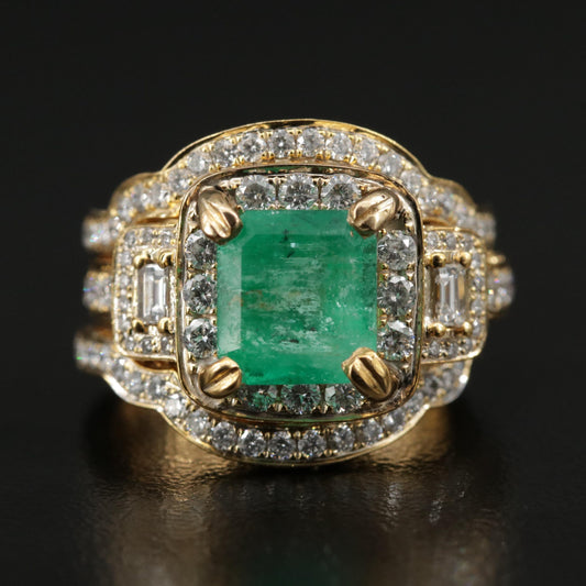 Art Deco Natural Emerald Moissanite Bridal Wedding Ring Set, Unique Columbian Emerald Diamond Engagement Ring Set, Emerald Statement Ring