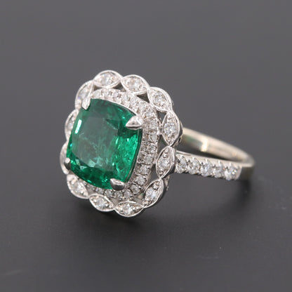 Art Deco Emerald Statement Ring, Halo Natural Emerald Engagement Ring, Vintage Emerald Gold Wedding Ring, Diamond Promise Ring For Her