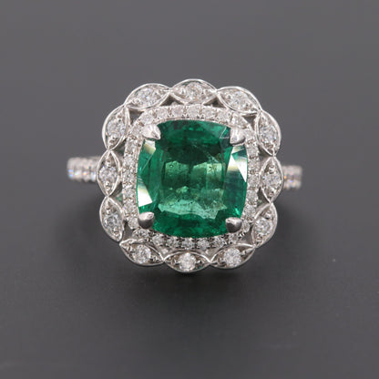 Art Deco Emerald Statement Ring, Halo Natural Emerald Engagement Ring, Vintage Emerald Gold Wedding Ring, Diamond Promise Ring For Her