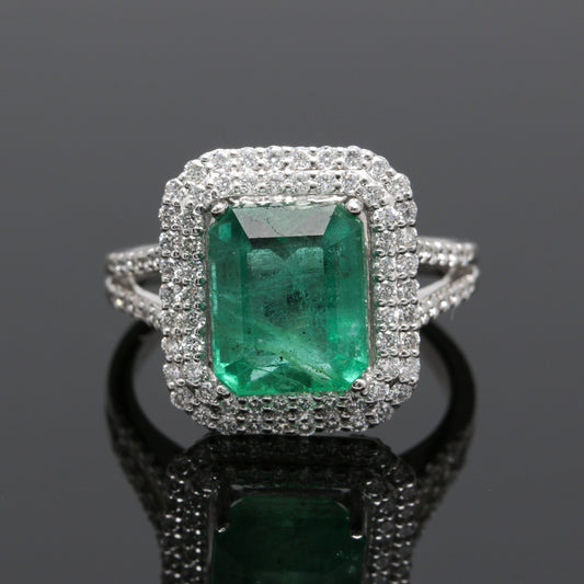 Art Deco Emerald Engagement Ring, Double Halo Natural Emerald Statement Ring, Emerald Gold Ring, Emerald Diamond Wedding Ring, Promise Ring