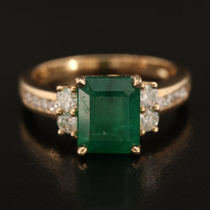 14K Gold Natural Emerald Engagement Ring, Art Deco Emerald Statement Ring, Antique Diamond Gold Wedding Ring, Diamond Promise Ring For Her