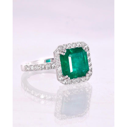 3 Carat Natural Emerald Halo Engagement Ring, Unique Vintage Emerald Gold Ring, Art Deco Statement Ring, Antique Diamond wedding ring