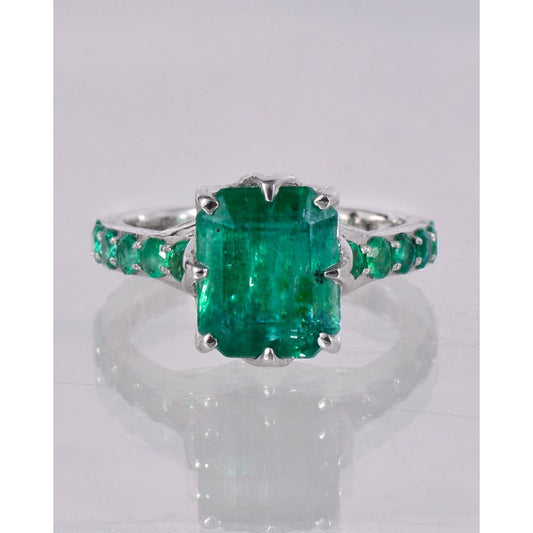 Antique 3 Carat Natural Emerald Statement Ring, Vintage Natural Emerald Engagement Ring, Art Deco Full Eternity Emerald Gold Wedding Ring