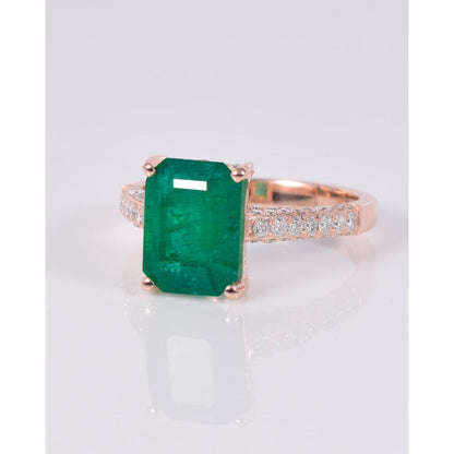 14K Rose gold Emerald Cut Emerald Statement Ring, Natural Emerald Engagement Ring Art Deco Emerald Gold Ring Vintage Diamond Wedding Ring