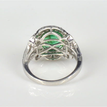 Antique Oval Natural Emerald Engagement Ring, Art Deco Emerald Statement Ring, Halo Vintage Emerald and Diamond Wedding Ring