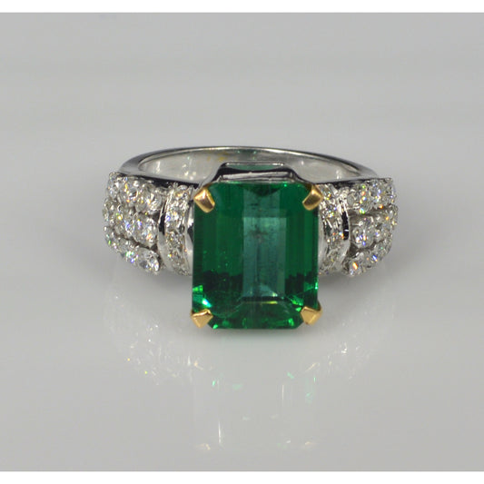 18K Gold Natural Emerald Engagement Ring, Art Deco 5.75 Carat Emerald Statement Ring, Halo Vintage Diamond Wedding Ring, Promise Ring