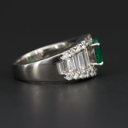 Natural Emerald Engagement Band, Art Deco Emerald Statement Band, Vintage Diamond Gold Wedding Band, Unique Diamond Promise Band For Her