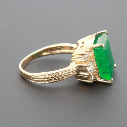 18K Gold Emerald Diamond Wedding Ring, Natural Emerald Engagement Ring, Art Deco Diamond Statement Ring For Her Antique Emerald Promise Ring