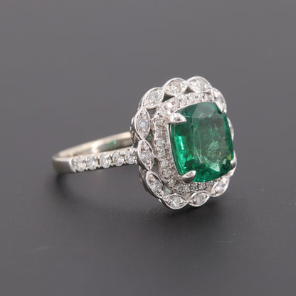 Art Deco Emerald Statement Ring, Halo Natural Emerald Engagement Ring, Vintage Emerald Gold Wedding Ring, Diamond Promise Ring For Her