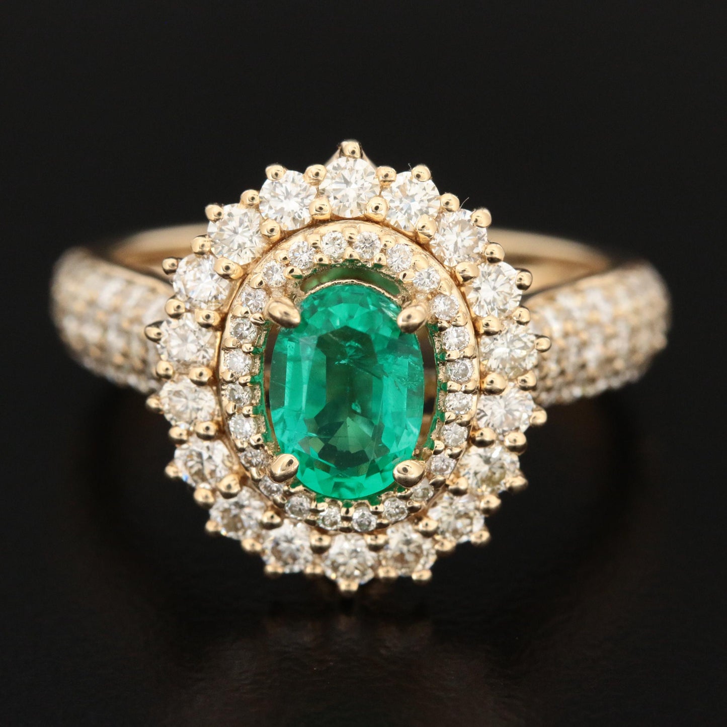 14K Gold Emerald Engagement Ring, Natural Emerald Wedding Ring, Double Halo Emerald Gold Ring, Vintage Statement Ring, Diamond Promise Ring