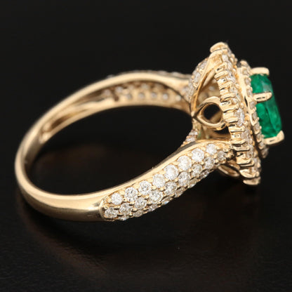 14K Gold Emerald Engagement Ring, Natural Emerald Wedding Ring, Double Halo Emerald Gold Ring, Vintage Statement Ring, Diamond Promise Ring