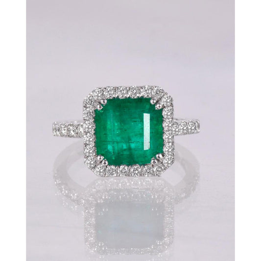 3 Carat Natural Emerald Halo Engagement Ring, Unique Vintage Emerald Gold Ring, Art Deco Statement Ring, Antique Diamond wedding ring