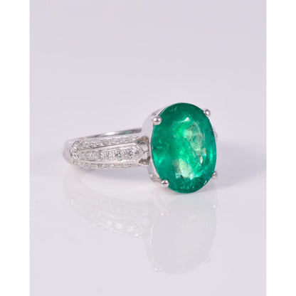 Oval Natural Emerald Statement Ring, Natural Emerald Engagement Ring, Art Deco Emerald Gold Ring, Vintage Diamond Wedding Ring for women