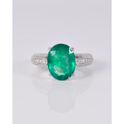 Oval Natural Emerald Statement Ring, Natural Emerald Engagement Ring, Art Deco Emerald Gold Ring, Vintage Diamond Wedding Ring for women