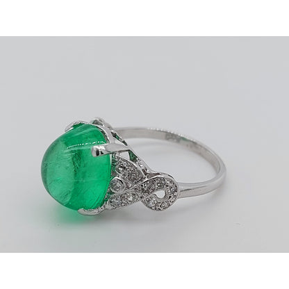 Anillo de compromiso de oro blanco con cabujón de esmeralda de 8 quilates y diamante blanco Anillo de bodas de oro blanco con esmeralda natural, anillo llamativo con esmeralda