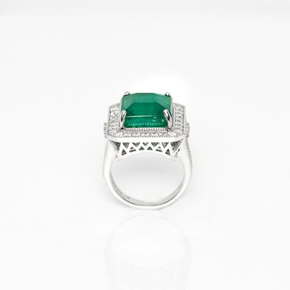 Antique Halo Emerald Engagement Ring, Emerald Gold Ring, Natural Emerald Wedding Ring, Art Deco Emerald and Diamond Ring, Statement Ring