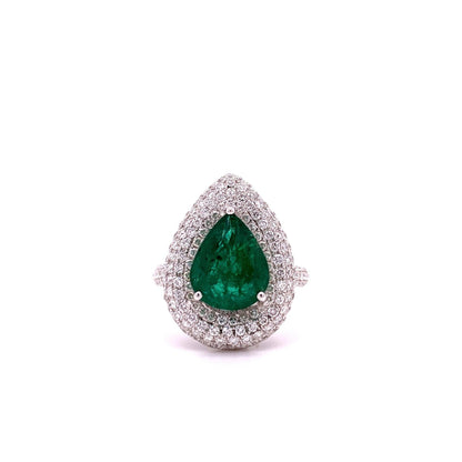 Art Deco Pear Cut Natural Emerald Engagement Ring, Antique Engagement Ring, Vintage Double Halo Emerald and Diamond Wedding Ring, Statement